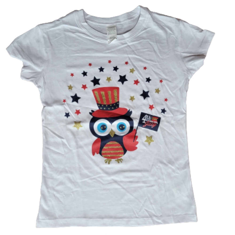 Fourth of July Owl Tee White  Cotton  Stars Sparkling Patriotic Girls Large  NEW